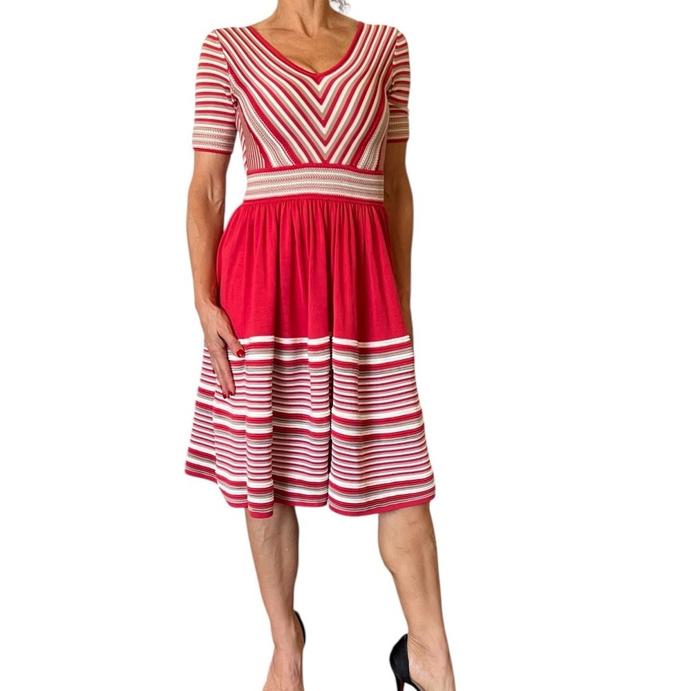 Temperley London Fit & Flare Red Striped Knit Silk Dress Short Sleeve V Neck XS